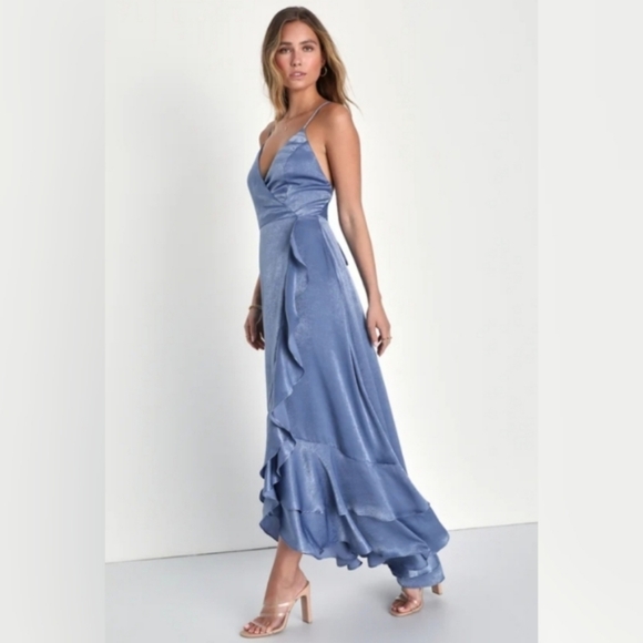 In Love Forever Slate Blue Satin Lace-Up High-Low Maxi Dress - Picture 2 of 3